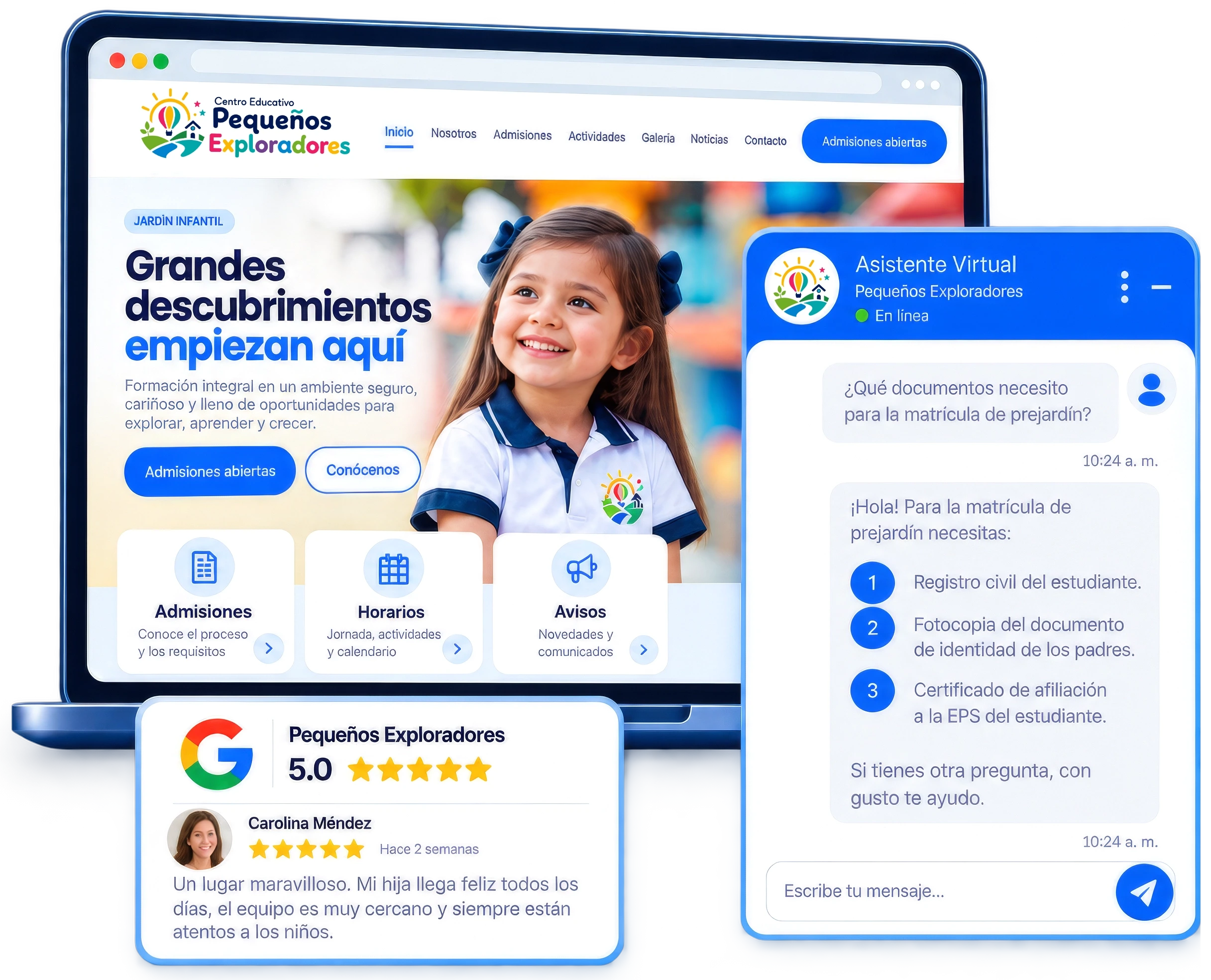 Sitio web de un jardín infantil con el asistente virtual respondiendo a un padre y una reseña de Google de 5 estrellas